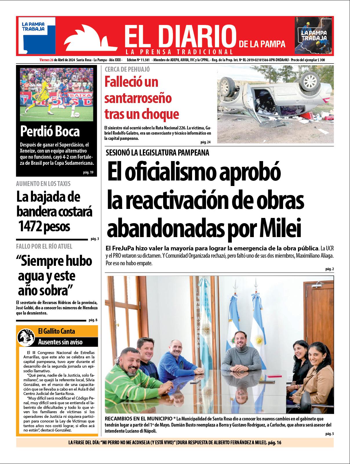 Tapa de El Diario en papel  viernes 26 de abril de 2024